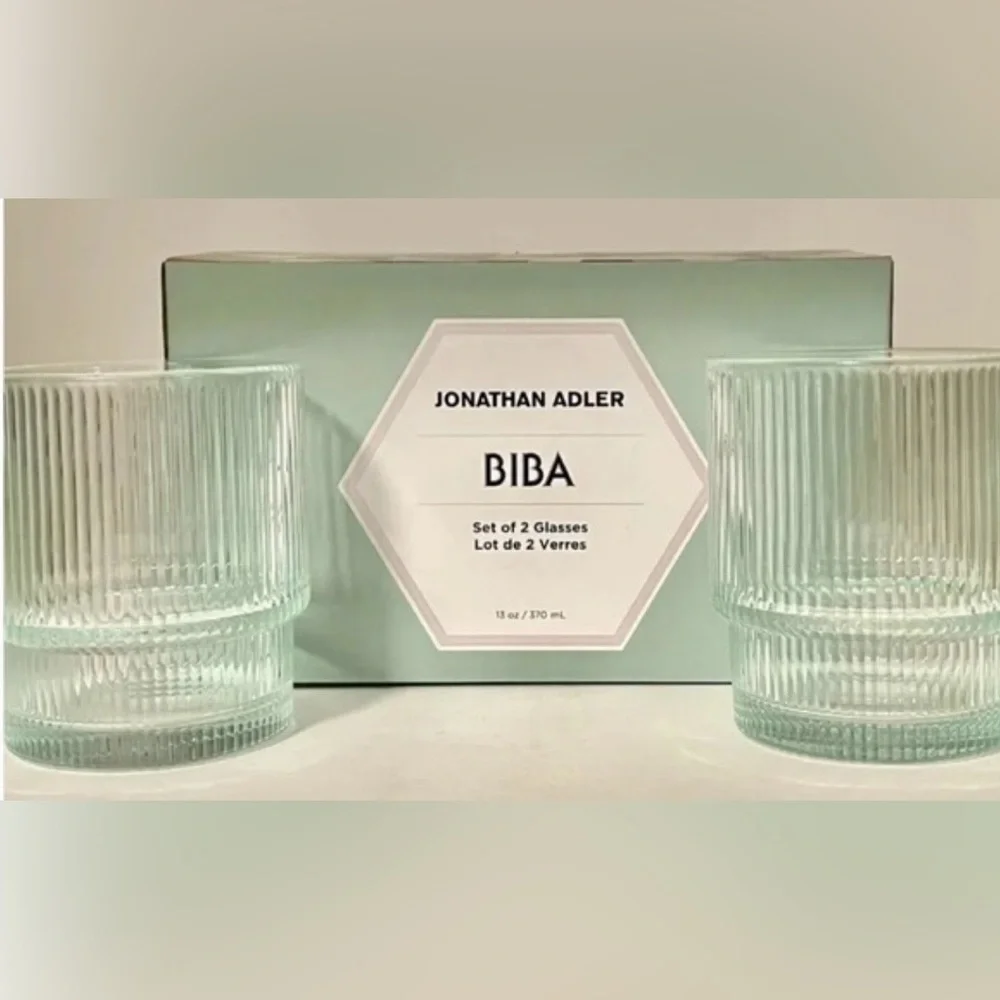New Jonathan Adler BIBA set of 2 green ribbed glasses, 13 ounce glasses